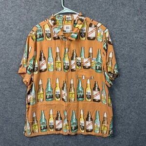 BDG Mens XL Beer Bottle Print Button Down Orange Rayon Short Sleeve Tropical